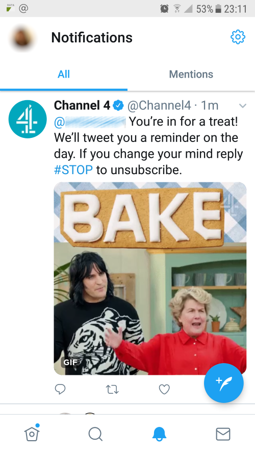 The Great British Bake Off Twitter Auto-Reply Confirmation